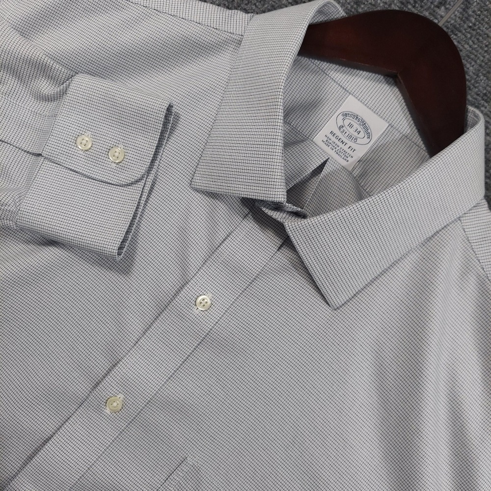 Brooks Brothers Shirt Mens 18 34/35 Blue Check Regent Fit Non Iron Stretch Dress